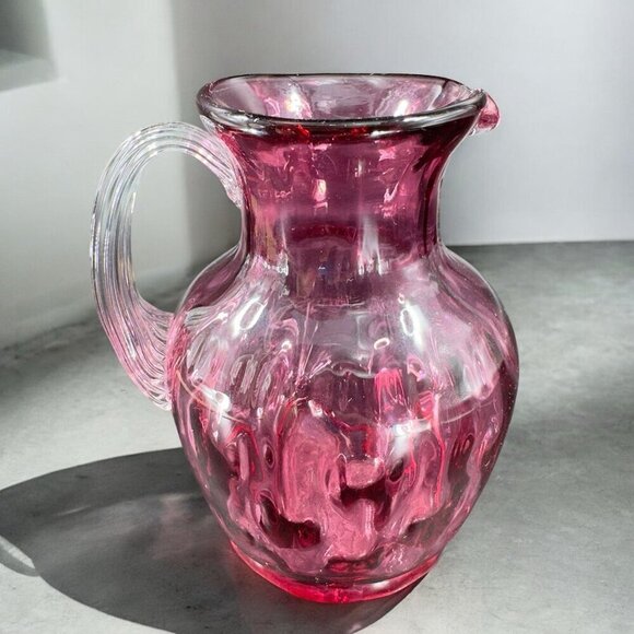Vintage Pilgrim Glass Cranberry Optic Glass Pitcher Small Creamer Hand Blown VTG - Picture 2 of 14